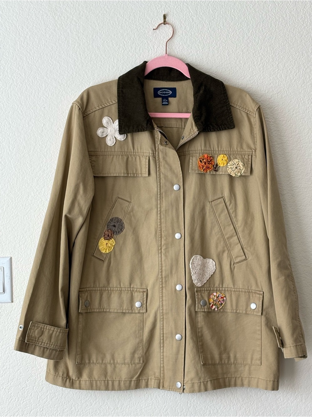 Upcycled Scoop Brand Khaki Utility Jacket with Appliqué Details